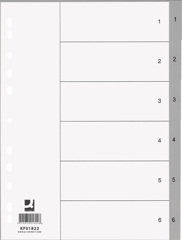 Connect Q-Connect Register – für A4, Kunststoff (PP), 1–6, 6-teilig, grau, 11-fach