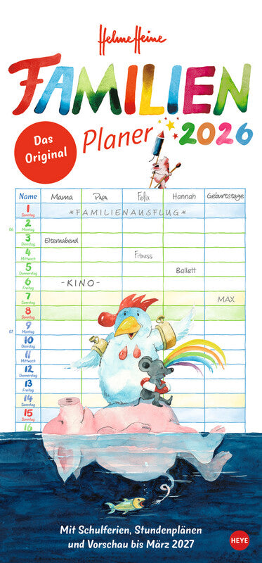 Heye Familienplaner Helme Heine – für Familien – 5 Spalten – Deutsch – 2026 – Spiralbindung – 21 × 45 cm