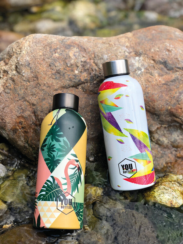 Youbottles Trinkflasche Dual – 0.5 L – Edelstahl, isoliert, Schraubverschluss – Geometrische Flamingos