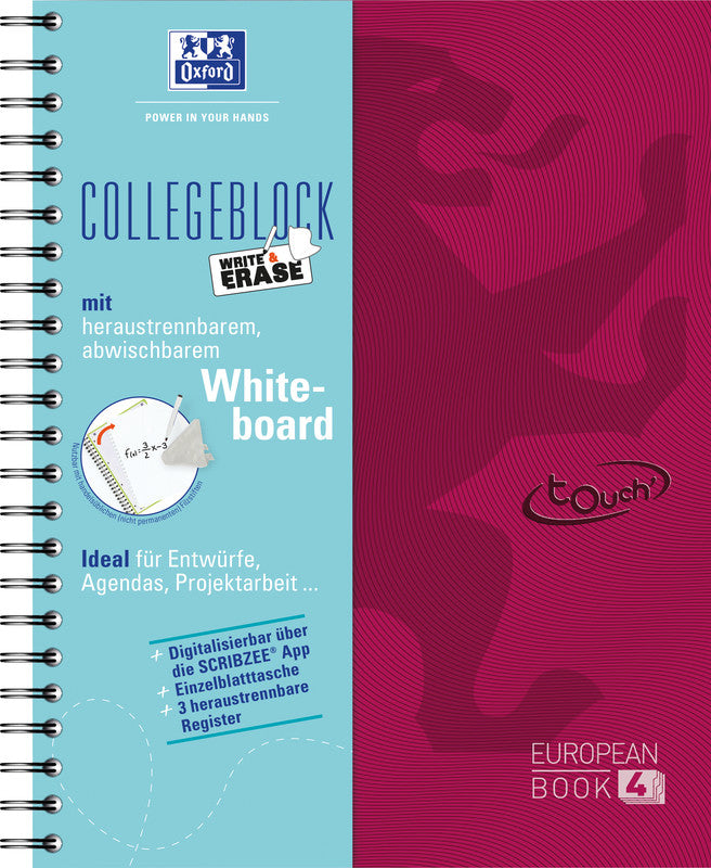 Oxford Collegeblock, Spiralbindung, 120 Blatt, 4-fach gelocht, perforiert, 90 g/m² – Beere, für SCRIBZEE App