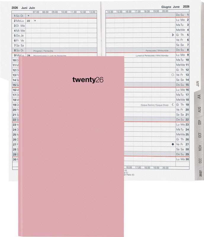 Biella Luzern Agenda – 1 Monat/2 Seiten, geheftet, 8,7 × 15,3 cm, 15 Monate Okt–Dez, mehrsprachig, rosa, FSC