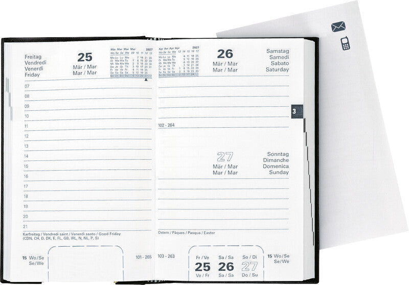 Biella Disponent Agenda – 1 Tag pro Seite, gebunden, 10,1 × 16,0 cm, Jan–Dez 2027, 1-Stunden-Takt, schwarz, FSC