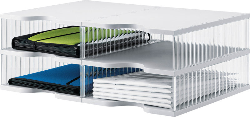 Styro Briefkorb – mit Beschriftungsfeld, transparent, B 600 × H 220 × T 400 mm, Serie Duo-Tower