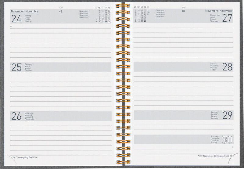 Biella Dispo Term Agenda – 1 Woche/2 Seiten, Wire-O, 14,5 × 20,5 cm, 2027, Natural, Dunkelgrau