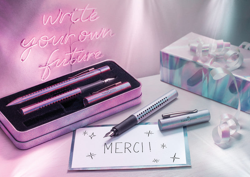Faber-Castell Grip Edition Glam Schreibset – Kugelschreiber XB & Füllfederhalter M – Blau – Metalletui – 2-teilig