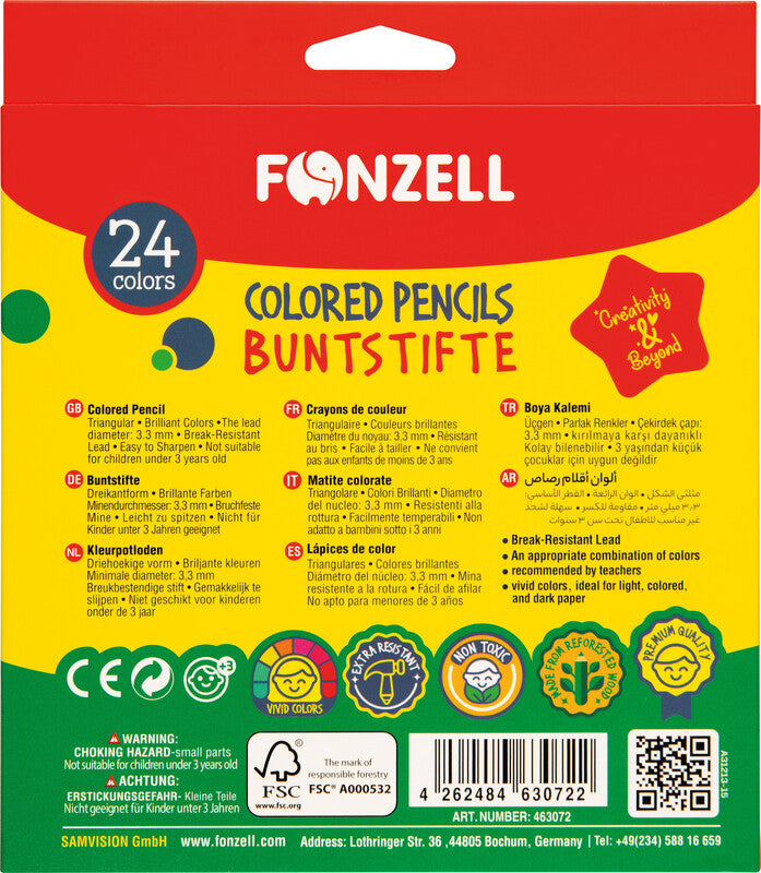 Fonzell Farbstifte-Set – 24 Farben, Dreikant, Mine Ø 3,3 mm, Kartonetui