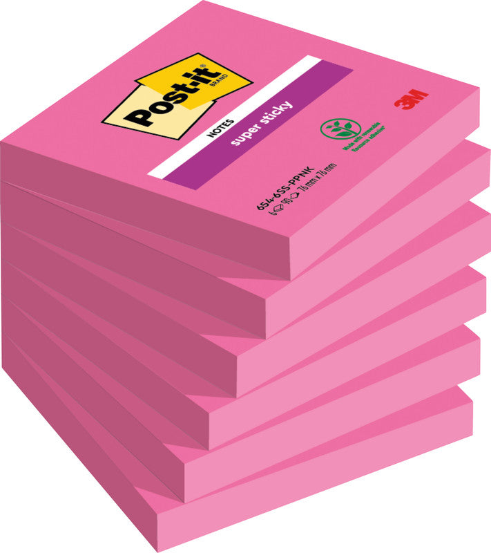 Post-it Super Sticky Haftnotizen – 76×76 mm – powerpink, 6×90 Blatt, PEFC