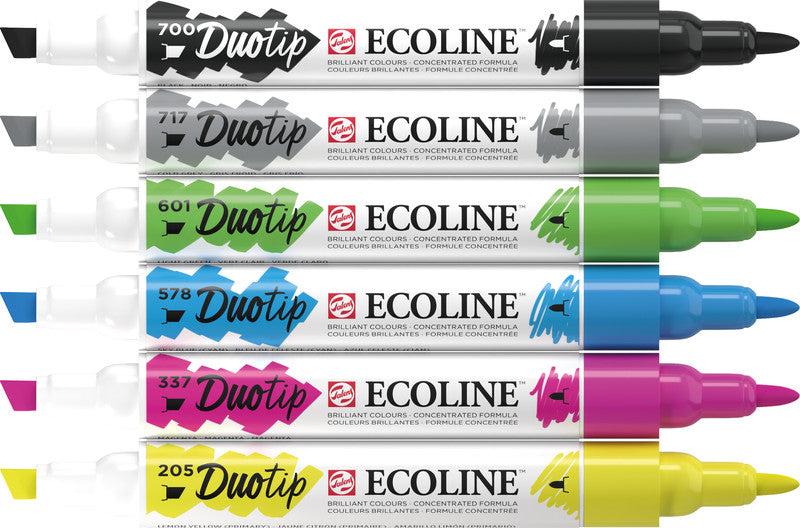 Ecoline Non-Permanent-Marker Duotip – Keilspitze 6 mm, Rundspitze 1-2 mm – sortiert – 6er-Set – wasservermalbar
