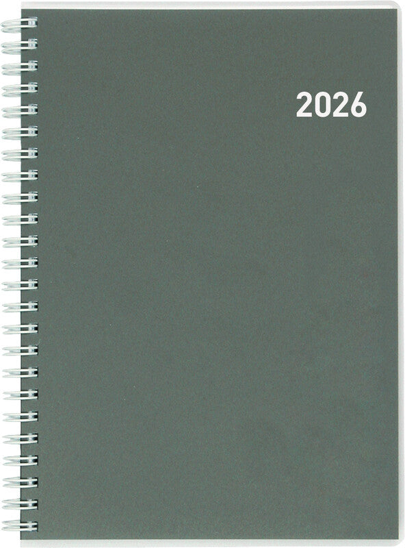 Biella Agenda – 2 Tage pro Seite, Spiralbindung, 14,5 × 20,5 cm, Jan–Dez 2026, grau, FSC