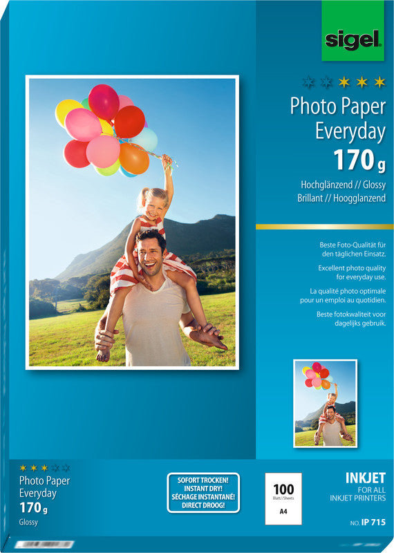 Sigel Fotopapier – hochglänzend, A4, 170 g/m², 100 Blatt – für Tintenstrahldrucker