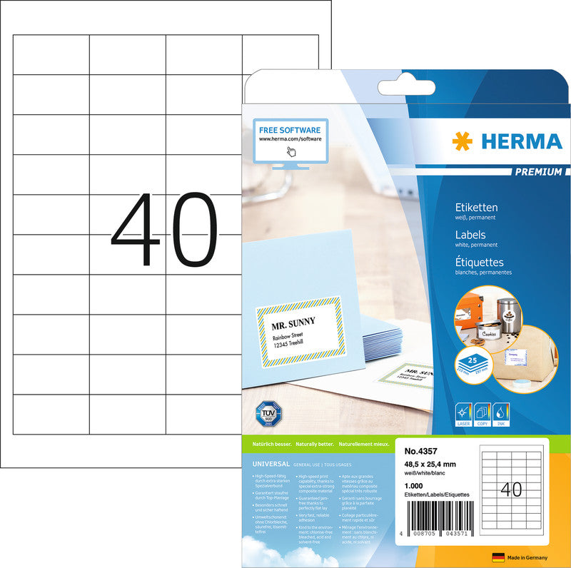 HERMA Etiketten (A4-Bogen), 49 mm × 25 mm, weiss, Papier, permanent, 25 Blatt (1000 Etiketten)
