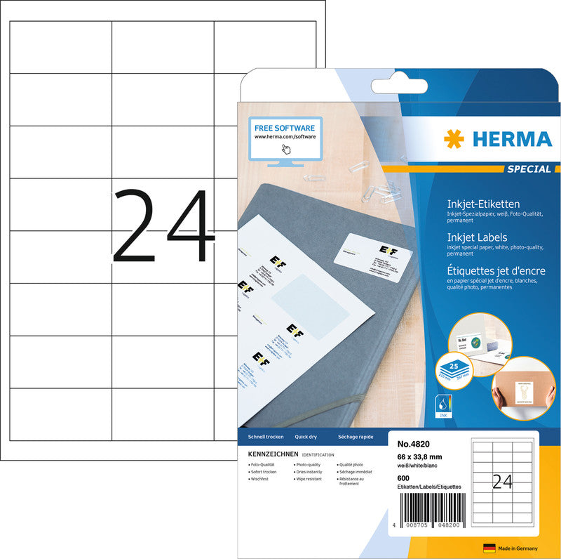 HERMA Druckeretiketten, 66 mm × 34 mm, weiss, Papier, permanent, 25 Blatt (600 Etiketten)