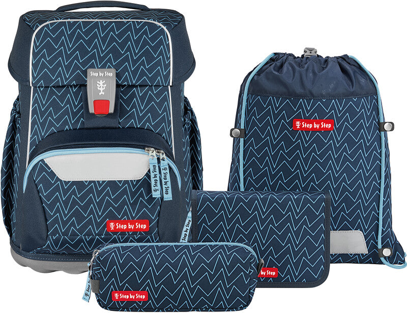 Step by Step Basis Schulrucksack-Set – 4-teilig – Blue Lines – Recycelte Materialien
