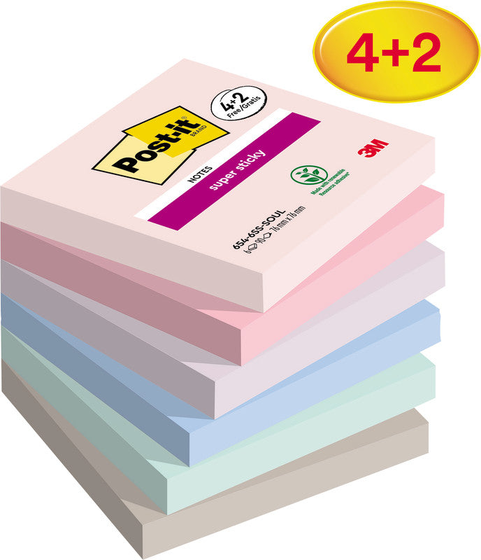 Post-it Haftnotizen Super Sticky – 76×76 mm – sortiert, 6×90 Blatt, PEFC
