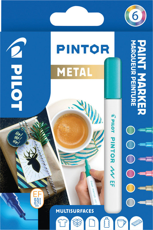 Pilot Pigmentmarker Pintor – Rundspitze 0,5-0,7 mm – Sortiert – 6er-Set – Für dunkle Oberflächen geeignet