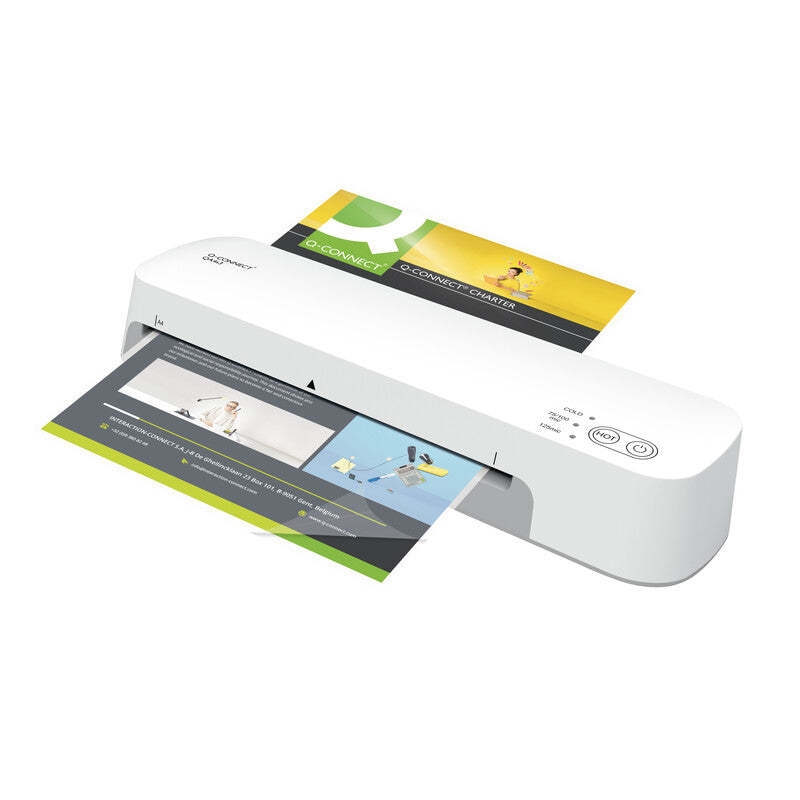 Q-CONNECT S3 Laminiergerät A4 – 2-Rollen, 75–125 µm, Kaltlamination, Aufheizzeit 1 Min., 420 mm/min, Weiss