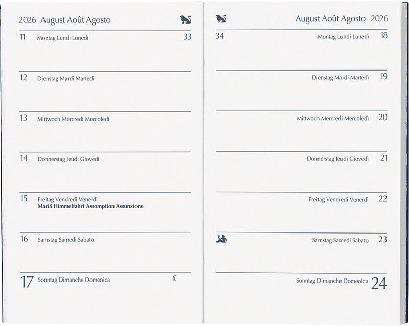 Biella Pratique Agenda – 1 Woche/1 Seite, gebunden, 8,7 × 13,6 cm, 2026, mehrsprachig, dunkelblau, PEFC