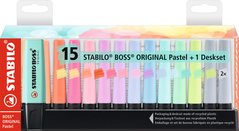 STABILO BOSS Original Textmarker Desktop Set 15 Farben Pastell – Keilspitze, 2–5 mm