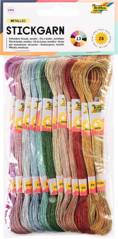Folia Stickgarn-Set – Baumwolle, mercerisiert, 8 m, Metallicfarben (2 × 13), sortiert – für Sticken