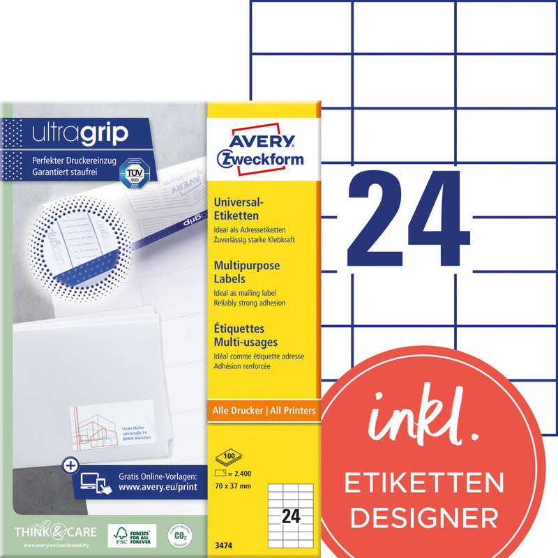 Avery Druckeretiketten, 70 mm × 37 mm, weiss, Papier, permanent, 100 Blätter (2400 Etiketten)