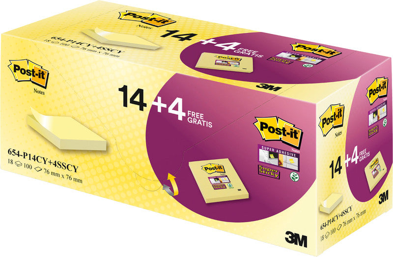 Post-it Haftnotizen Super Sticky – 76×76 mm – gelb, 18×100 Blatt, PEFC