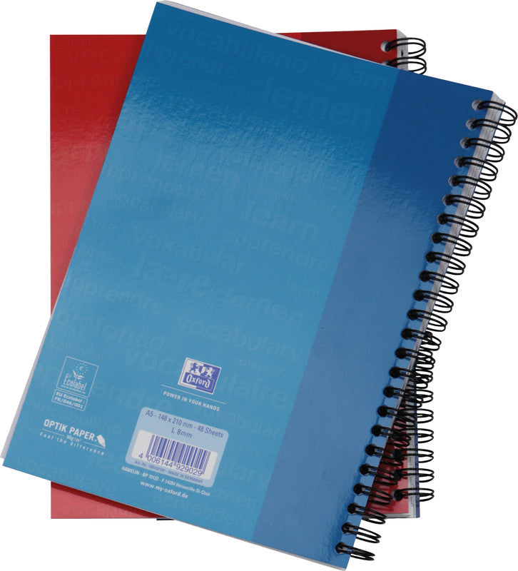 Elba Vokabelheft A5, liniert, Spiralbindung, 48 Blatt, perforiert, 90 g/m² – farbig sortiert (blau, rot)