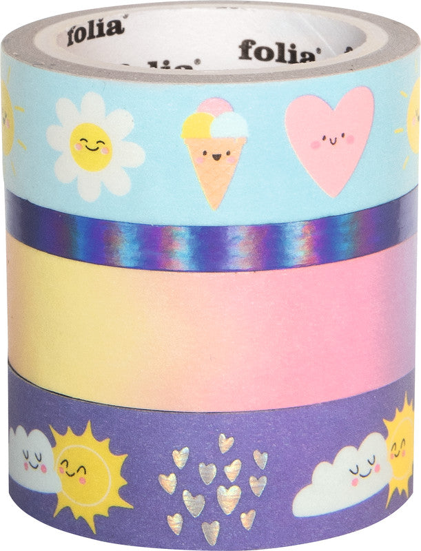 Folia Washi Tape-Set mit Heissfolienveredelung – sortiert – 4 Rollen (1×5 mm × 5 m, 3×15 mm × 5 m)