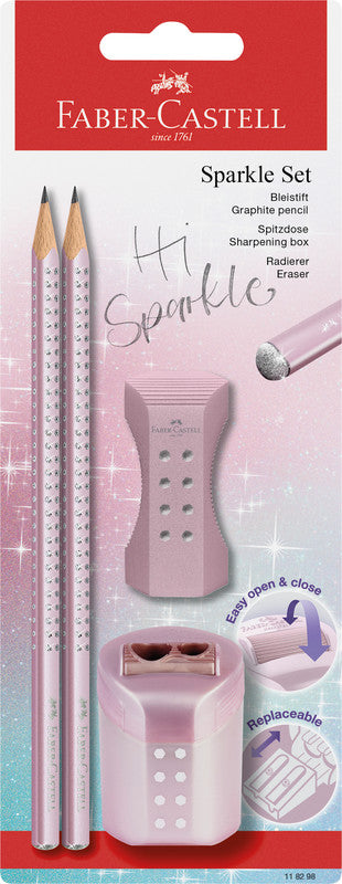 Faber-Castell Grip Hi Sparkle Bleistift, Dreikant, Grip-Zone B Mine Ø 2 mm rose metallic – Set, 4-teilig