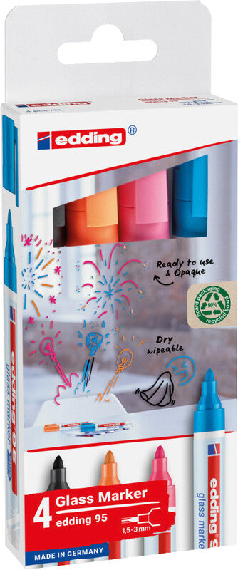 Edding Non-Permanent-Marker Glasboard 95 – Rundspitze 1,5-3 mm – sortiert – 4er-Set – trocken abwischbar