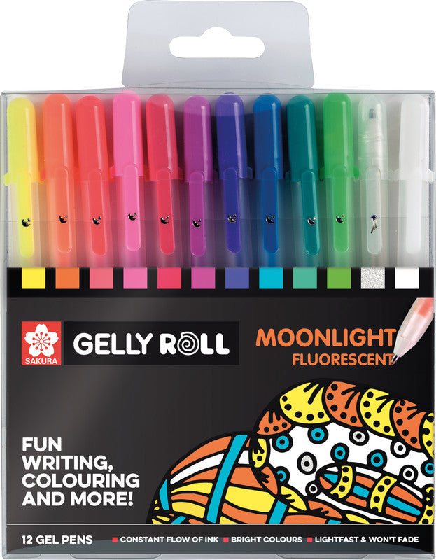 Sakura Moonlight Fluoreszierender Gelschreiber 12er Set – 12 Farben, 0,5 mm, für dunkles Papier, Kappe