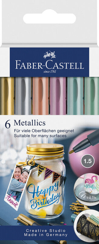 Faber-Castell Non-Permanent-Marker Creative Studio Metallic – Rundspitze 1,5 mm – sortiert – 6er-Set