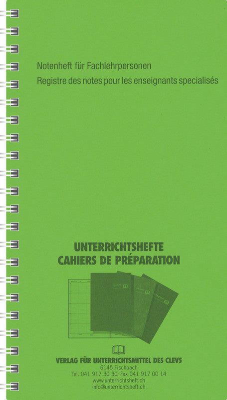 Verlag für unterrichtsm. Schulnotenbuch, 105 × 190 mm, Spiralbindung, Karton, 100 g/m² – Hellgrün