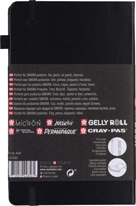 Sakura Skizzenbuch, 13 × 21 cm, 140 g/m², 160 Seiten, schwarz, mit Gummiband, säurefrei