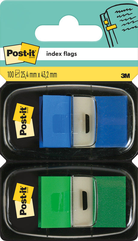 Post-it Indexstreifen – 25,4×43,2 mm – sortiert (blau, grün), 2×50 Stück, mit Dispenser, Kunststoff