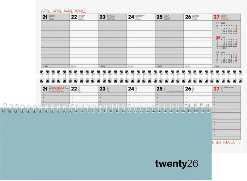 Biella Bunte Agenda – 1 Woche/2 Seiten, Spiralbindung, 29,7 × 10,5 cm, 2026, mehrsprachig, Salbeigrün, FSC
