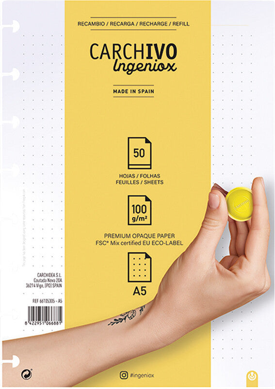 Carchivo Notizbuch-Einlagen A5, Punktraster, spezielle Perforierung, 100 g/m², für Spiralbuch Ingeniox – 50 Blatt
