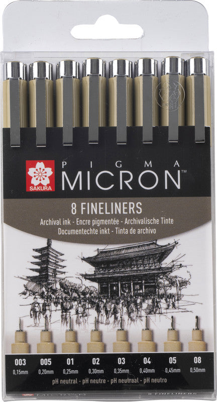 Sakura Pigma Micron Fineliner – 8er-Set – Schwarz – Wasserfest