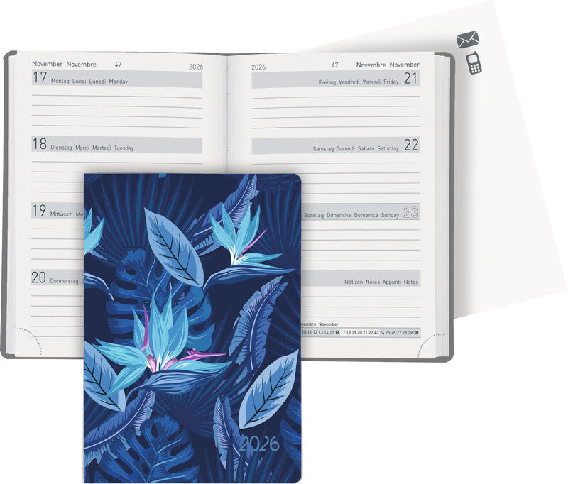 Biella Taschenagenda – 1 Woche/2 Seiten, gebunden, 10,1 × 14,2 cm, 2026, Tropical, FSC