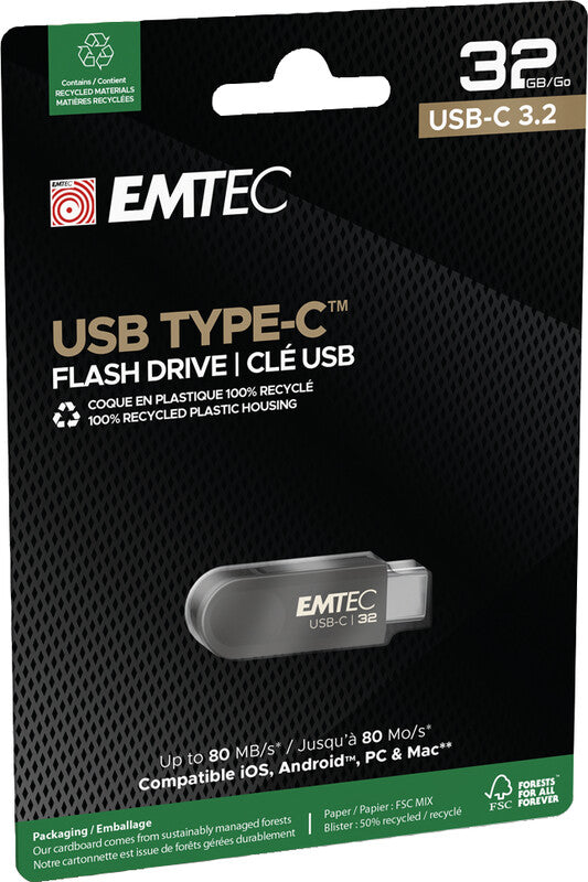 Emtec C280 USB-Stick – 32 GB, USB 3.2, Gehäuse aus 100% recyceltem Kunststoff; drehbarer Verschluss