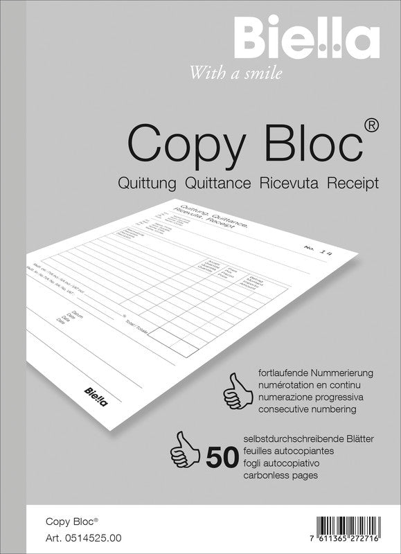 Biella Formularblock – Quittungen, mehrsprachig, 50 Blatt, A5
