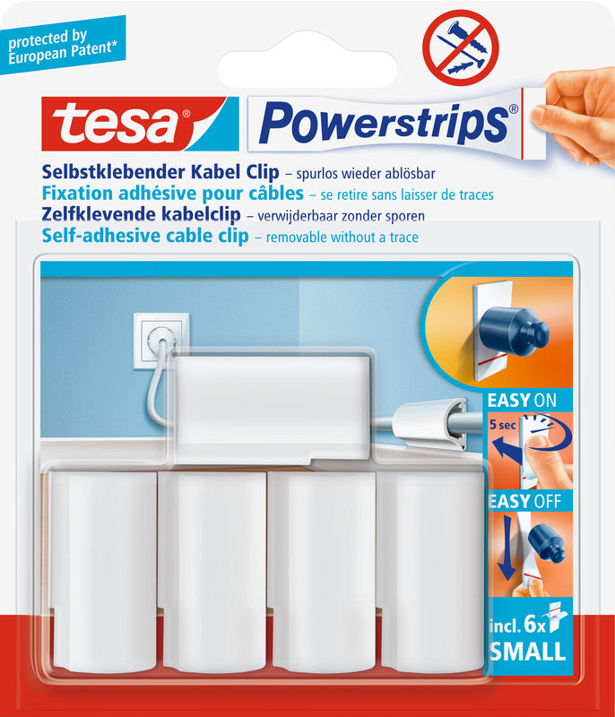 TESA Kabel-Clip – 37 mm, Kunststoff, Weiss, selbstklebend, wiederablösbar, 5er-Pack