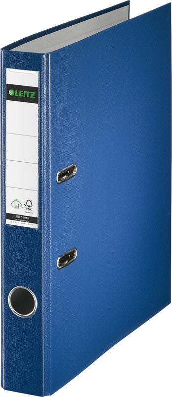 Leitz Ordner – A4 Hochformat – 2-Ring Hebelmechanik, Rücken 52 mm – Blau, mit Griffloch, mit Raumsparösen, FSC