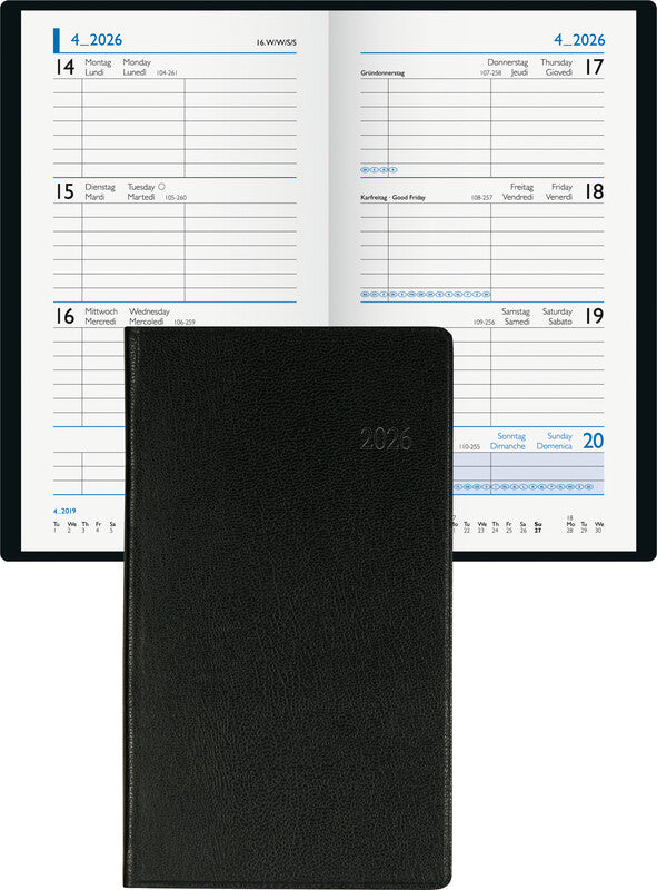 Biella Budget Agenda – 1 Woche/2 Seiten, gebunden, 8,7 × 15,3 cm, Jan–Dez, 2026, schwarz, FSC
