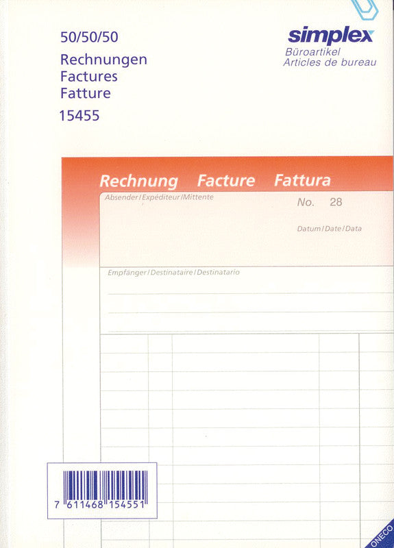 Simplex Formularblock – Rechnungen, mehrsprachig, 50 Blatt, A5, Karton