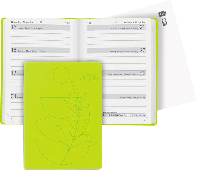 Biella Memento Ladytimer Agenda – 1 Woche/2 Seiten, gebunden, 10,1 × 14,2 cm, 2026, Hellgrün, FSC