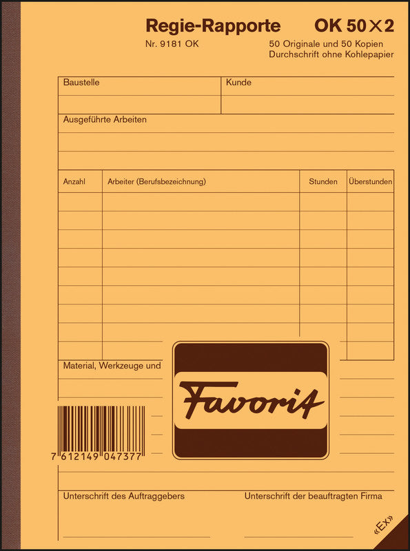 Favorit Formularblock – Regie-Rapporte, Deutsch, 50 Blatt, A5