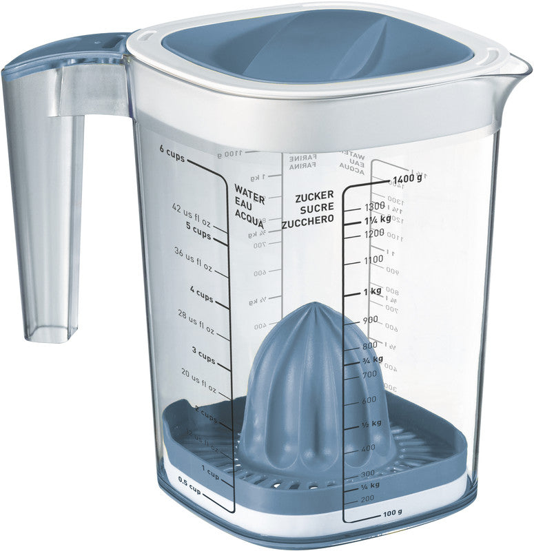 Rotho Messbecher Loft – 1,5 l – mit Deckel & Reibe – Kunststoff – Blau – 19,8 × 17,8 × 12,7 cm