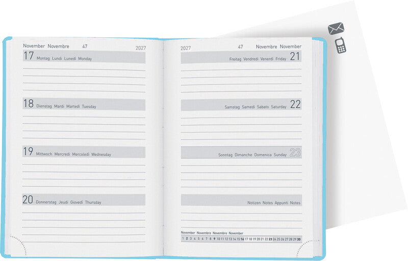 Biella Memento Ladytimer Agenda – 1 Woche/2 Seiten, gebunden, 10,1 × 14,2 cm, 2027, Hellblau, Faultier, FSC