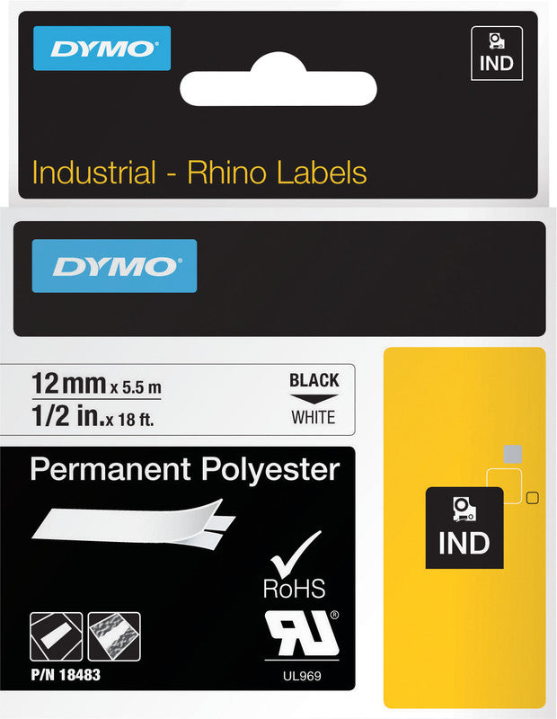 DYMO Textilband – 12 mm × 5,5 m, weiss, schwarz – für DYMO Rhino: 3000, 4200, 5000 und weitere