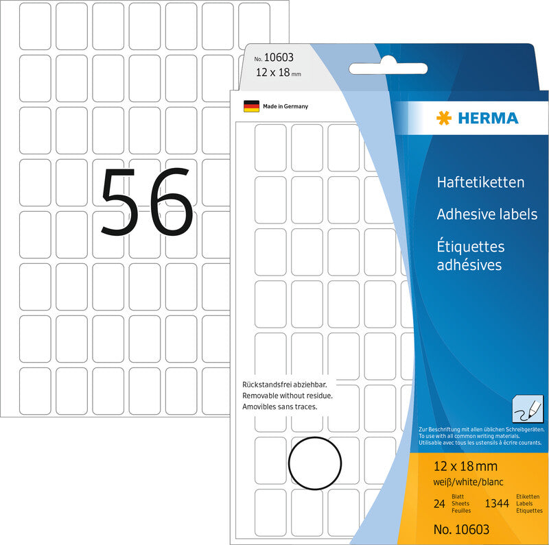 HERMA Haftetiketten – rechteckig 12 × 18 mm, wiederablösbar, weiss, Bogen 111 × 170 mm, 24 Blatt (1'344 Stk.)